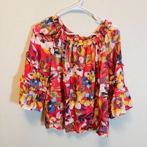 Zac & Rachel Floral Print Ruffle Sleeve Top Womens Size S Blouse